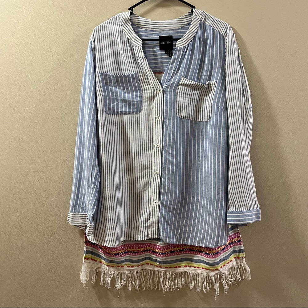 Nic & Zoe Striped Button-Up shirt with Fringe, medium new with tags